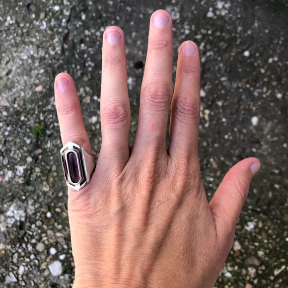 Silver Elongated Hexagon Ring with Peach Stone - Picture 4 of 15